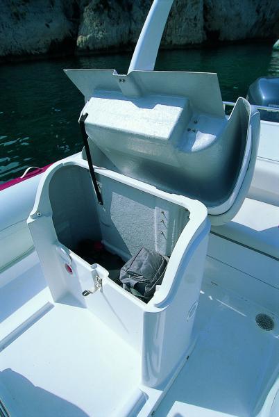 Bonne idée : la batterie dans le socle du leaning-post, un endroit toujours sec et proche du centre de gravité du bateau.