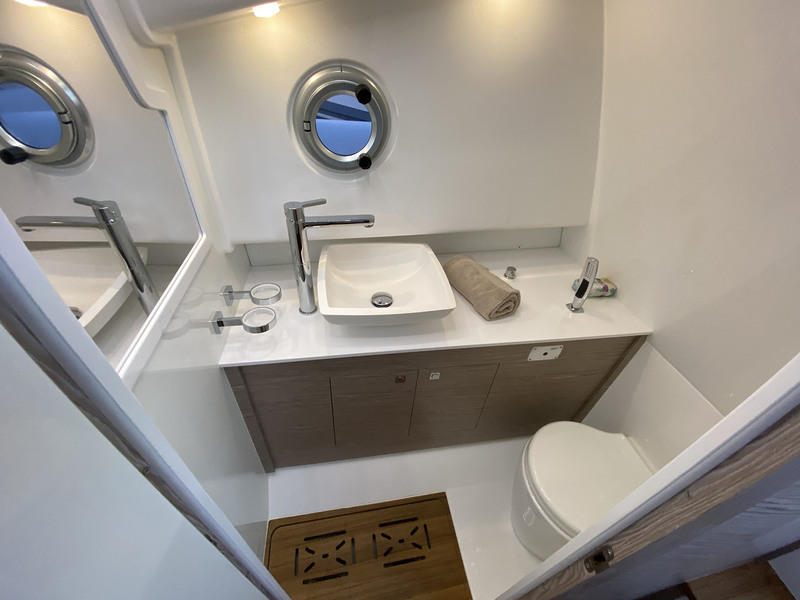 L’élégant cabinet de toilette avec sa douche, son lavabo et son WC marin électrique apporte un confort appréciable en croisière.